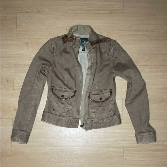 Ralph Lauren Canvas Women's Beige Jacket Leather Trim Sz 6